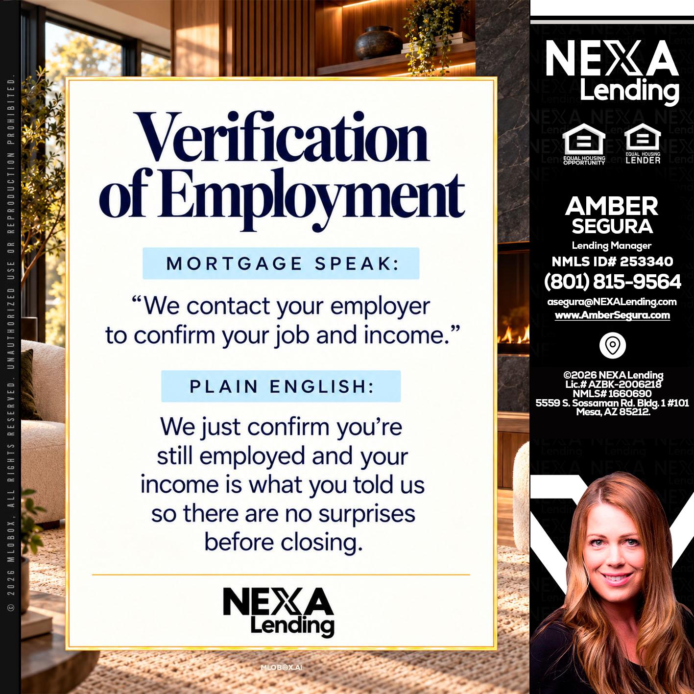VERIFICATION OF EMPLOYMENT - Amber Segura -Lending Manager